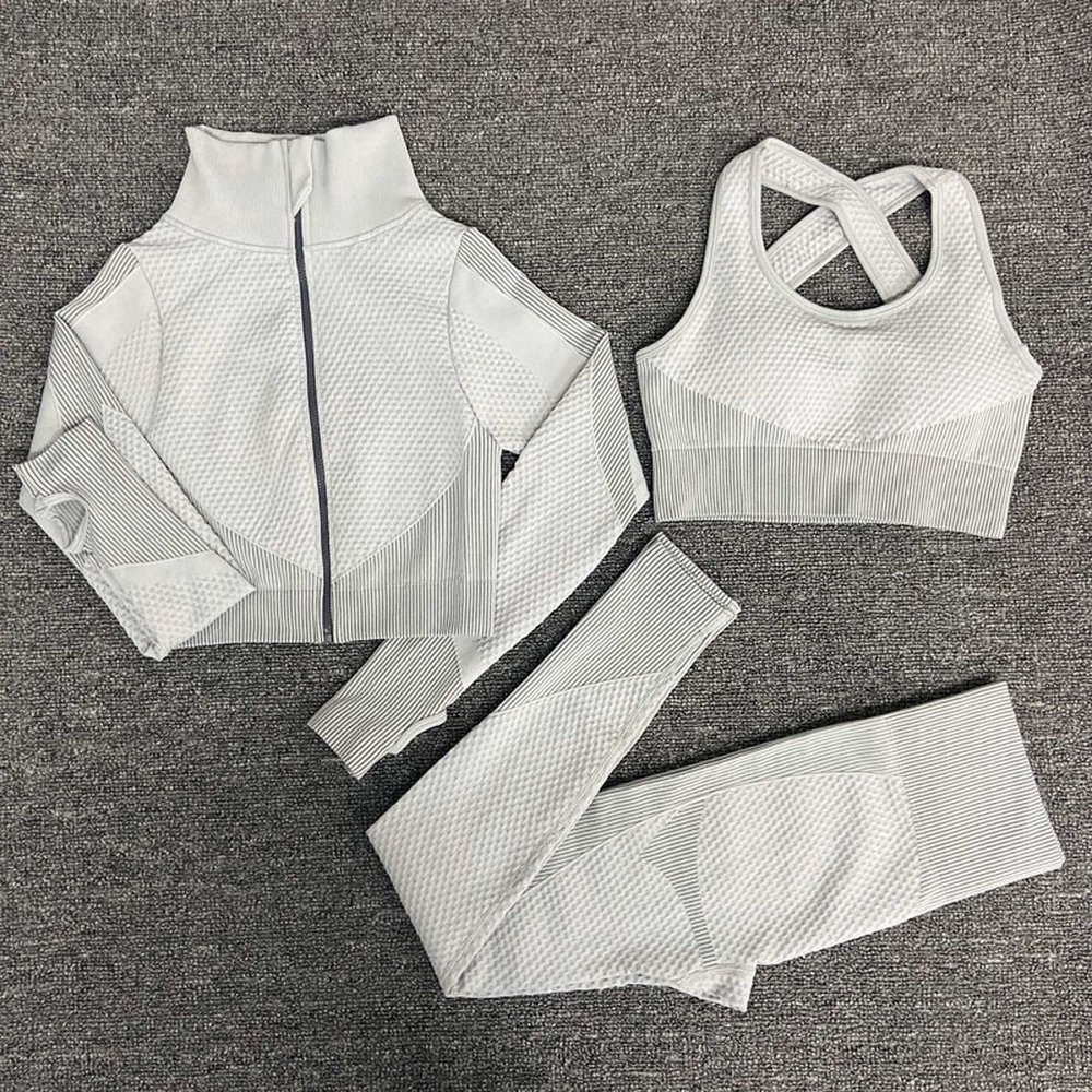 Women's 3-Piece Grey Yoga Jacket, Bra & Leggings